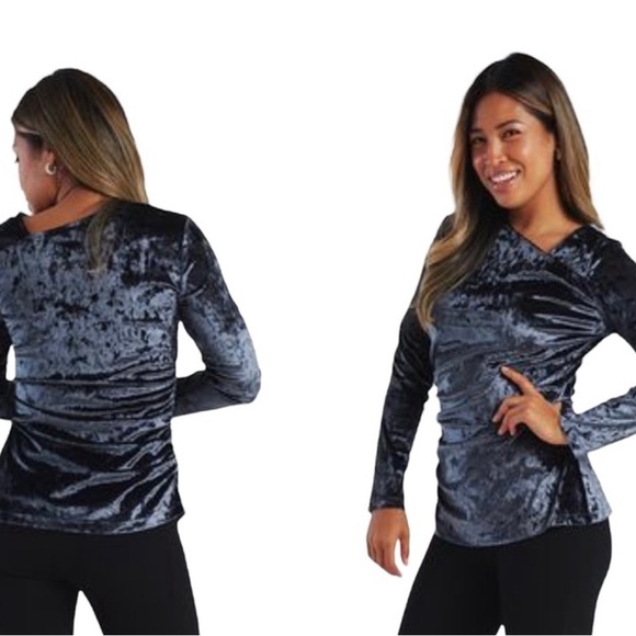 Betabrand Felicia Velvet Ruched Long Sleeve Top in Ink Blue - Size Large - Picture 2 of 5